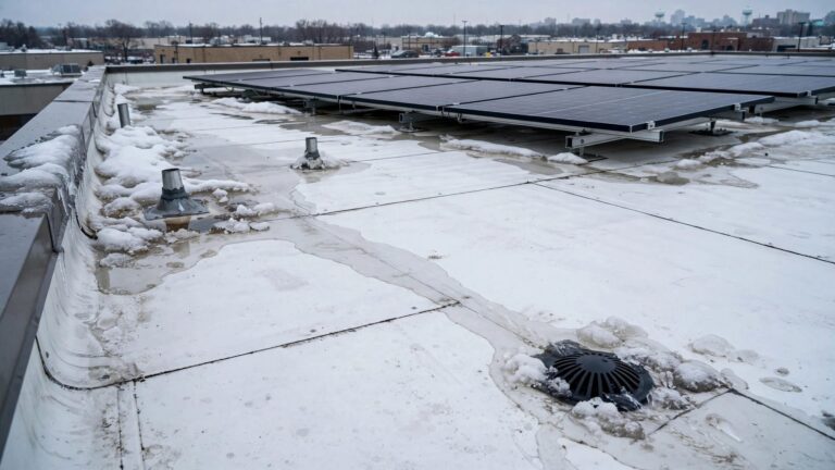Solar panels sit above a flat roof with melting ice and water near the drain.