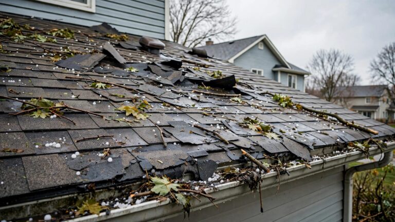 Hailstones, branches, leaves, and damaged shingles cover a Minnesota suburban roof.