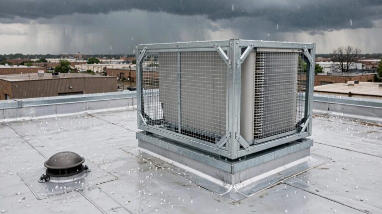A rooftop HVAC unit protected by a metal hail guard during a storm.