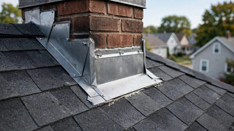 Metal flashing joins asphalt shingles to a brick chimney, with homes in the background.