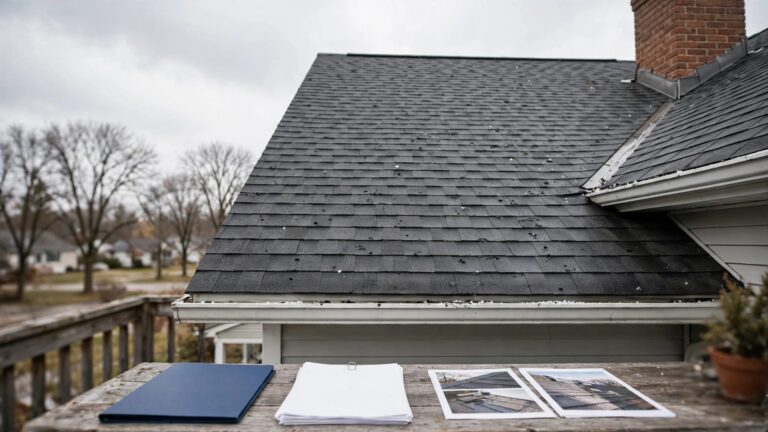 A hail-marked roof above an organized folder, inspection report, and condition photos.