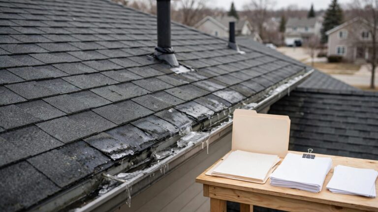 Minnesota roof with ice-dam wear beside a folder of home records.