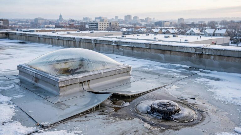 Ice and meltwater surround a warehouse roof seam near a rooftop drain.