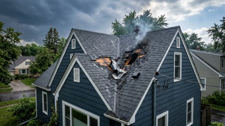 Minnesota house roof with burn damage, lifted flashing, and smoke after a lightning strike.