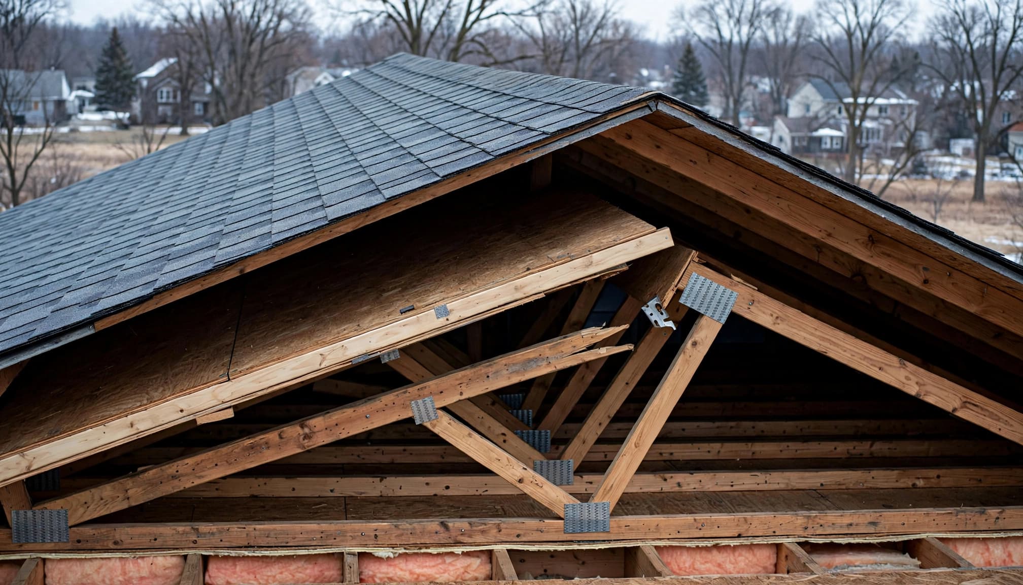 Can Wind Damage Roof Trusses Without Cracking the Roof Deck? Intact shingles conceal a shifted attic truss and separated metal connector plate.