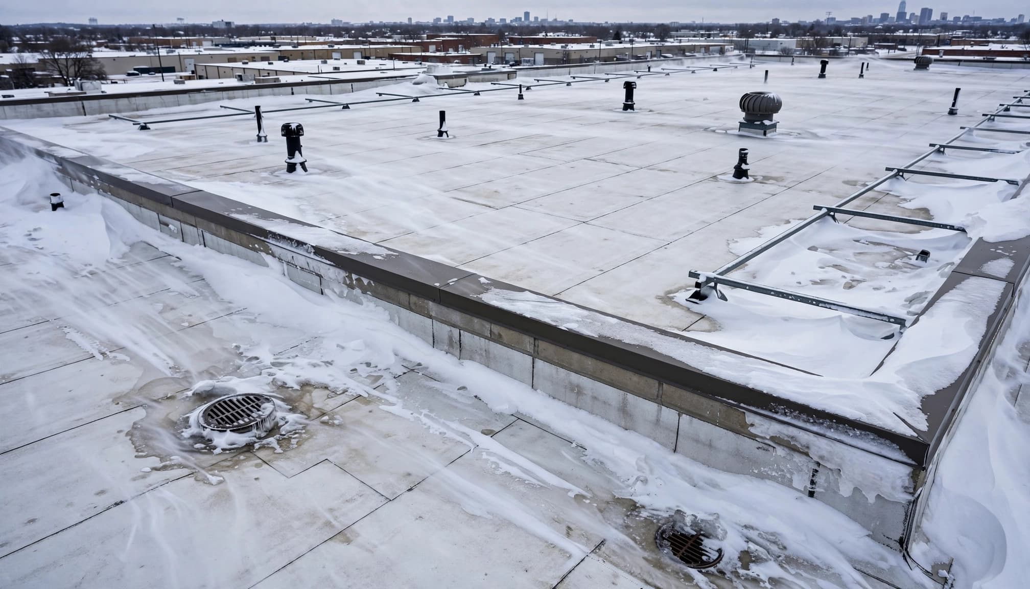 Snow covers a commercial TPO roof with drains, parapet walls, and capped vents.