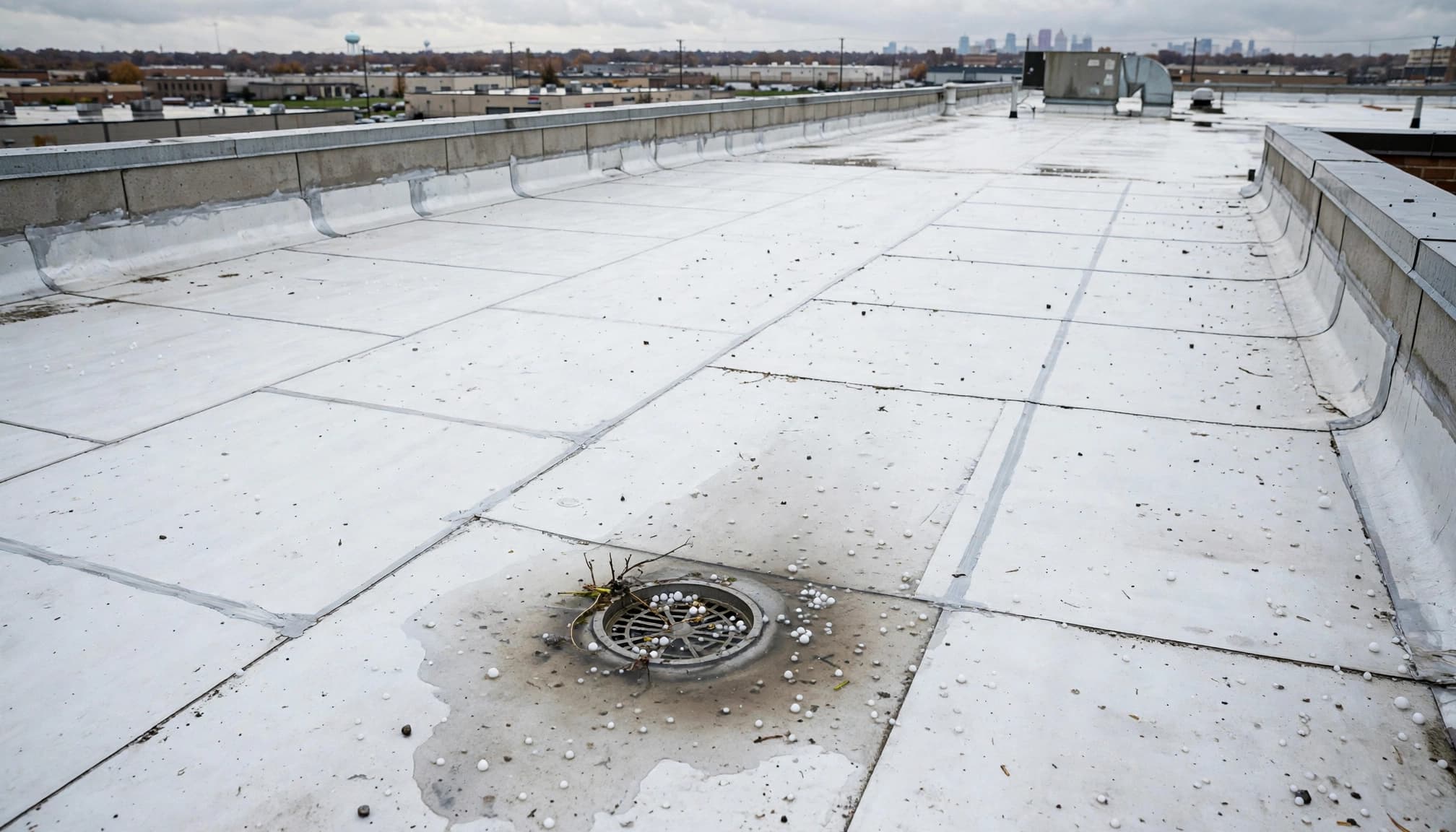 What Roof Damage Photos Should You Take Before Tarping in Minnesota? A commercial TPO roof with a drain, flashing seams, standing water, and hail pellets.