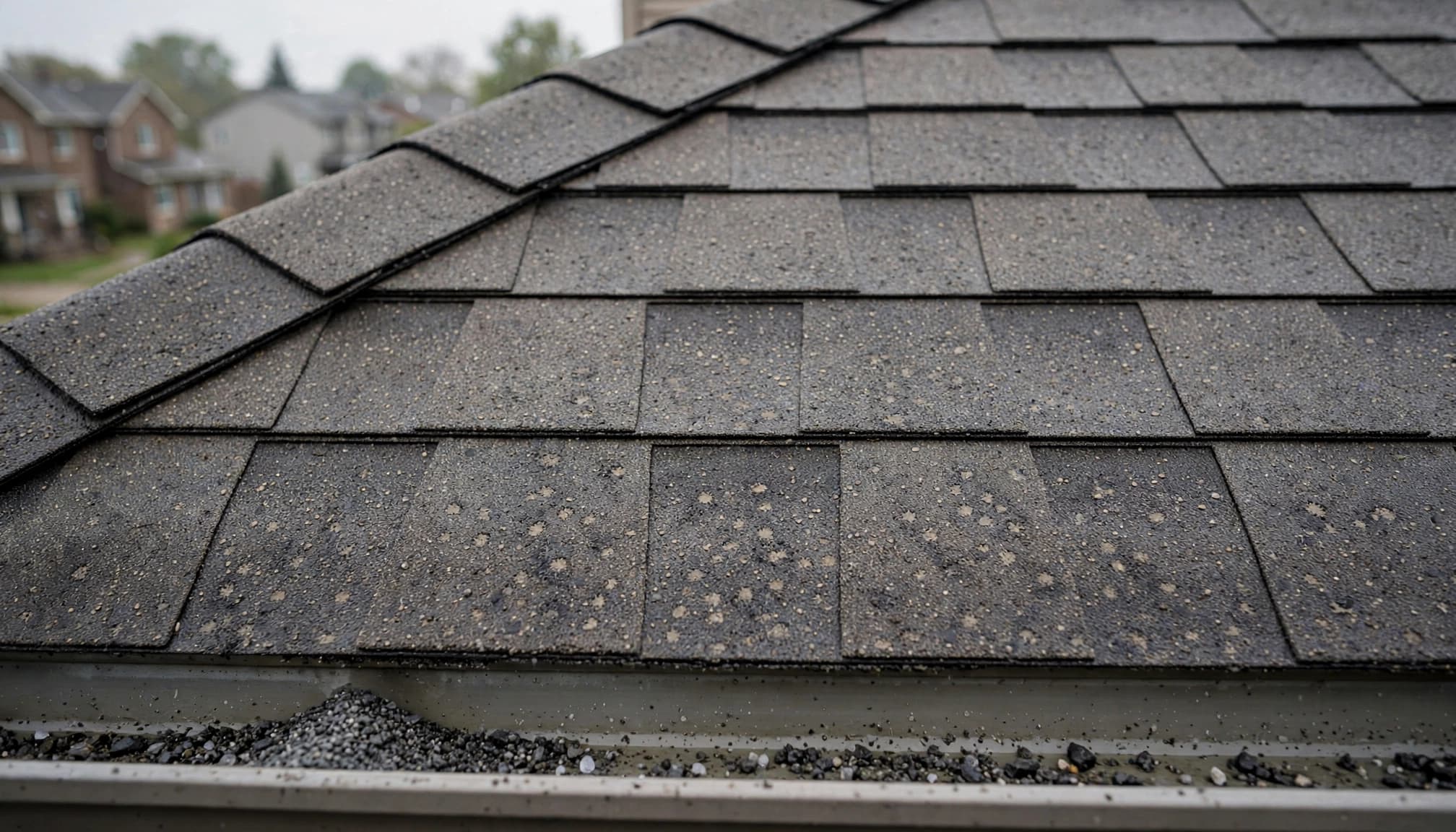 What Roof Damage Photos Should You Take Before Tarping in Minnesota? Small circular granule-loss marks on shingles beside a gutter.