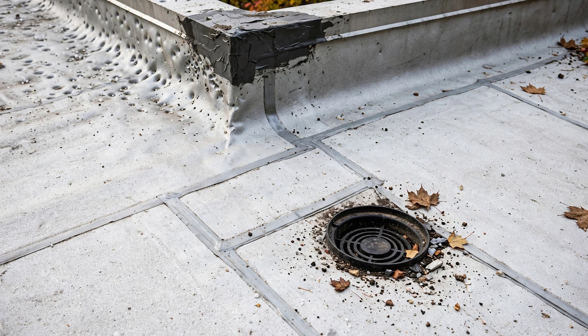 TPO roof seams, a drain, patched flashing, and small hail marks near a parapet.