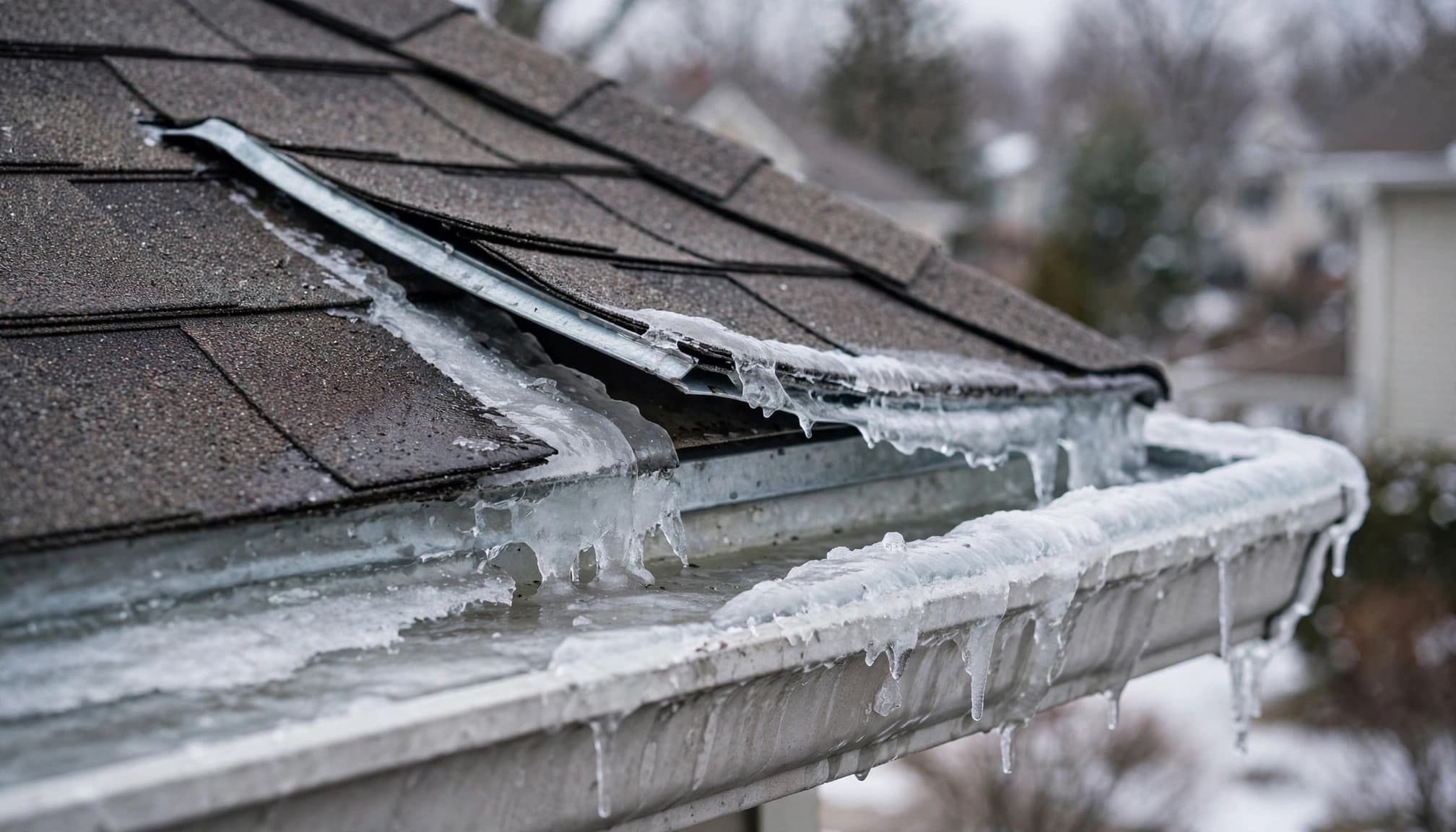 Ice buildup and separated flashing along a shingle roof edge above a frozen gutter.
