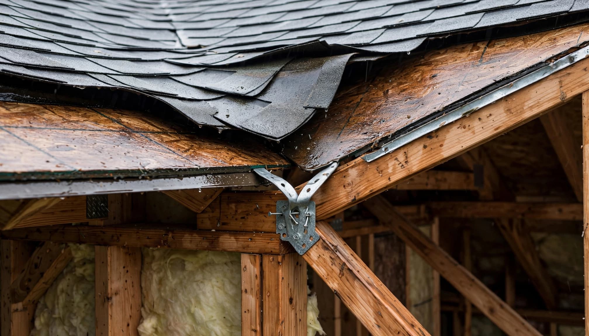 Can Wind Damage Roof Trusses Without Cracking the Roof Deck? Lifted shingles reveal roof decking, framing, and hurricane ties at a Minnesota home.