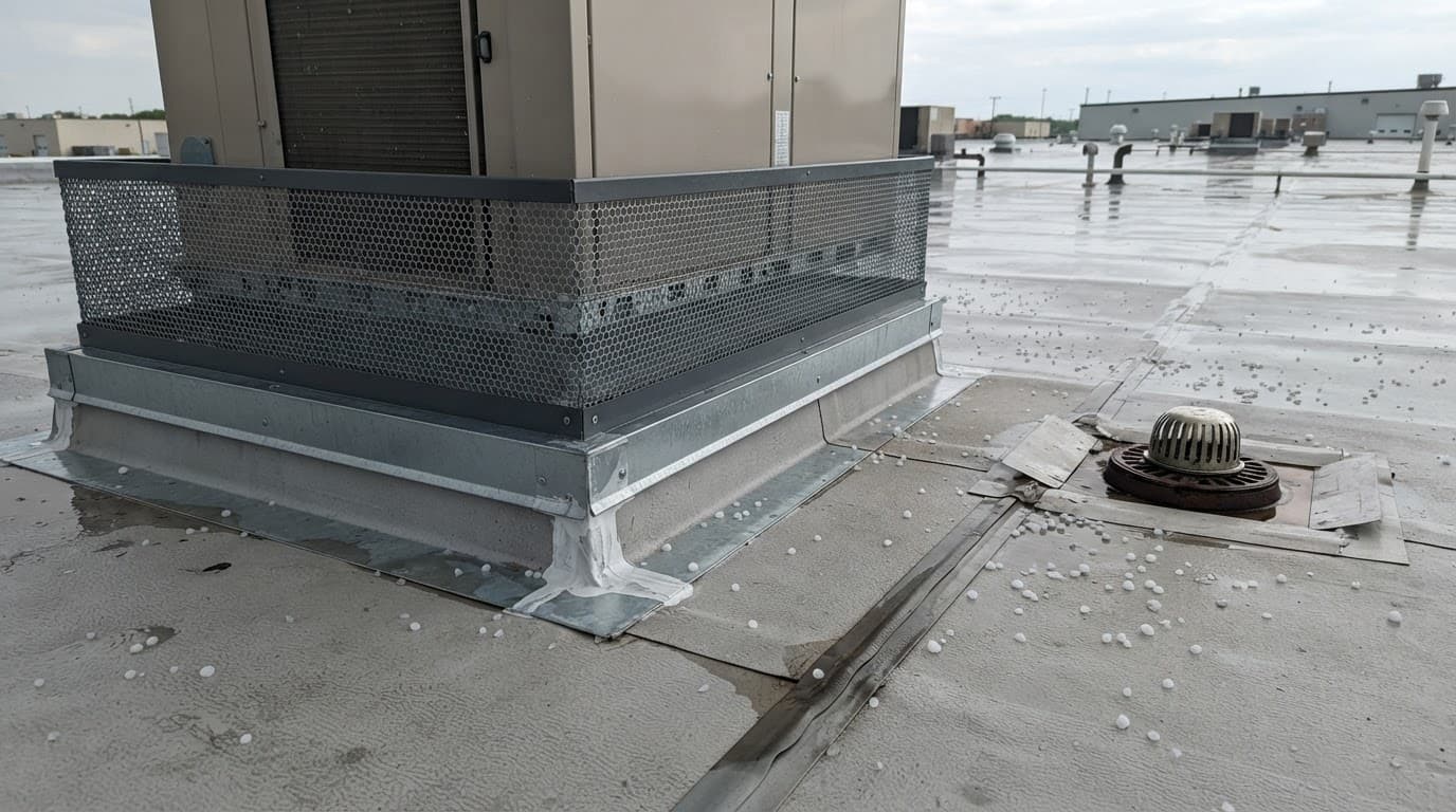 Close-up of a rooftop HVAC curb, hail guard, flashing, roof seam, and drain.