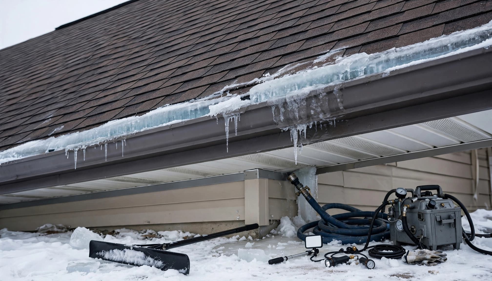 Roof removal tools beside an ice ridge on a shingled garage roof.