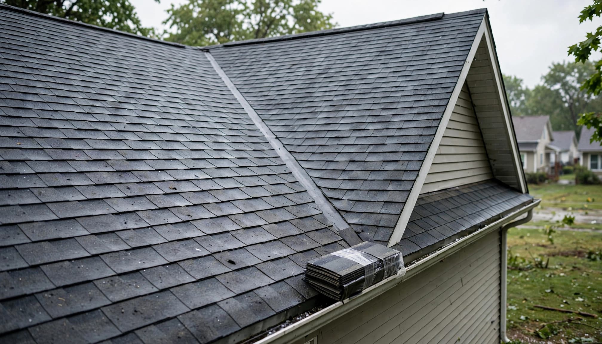 What if Hail Hits During Roof Replacement in St. Paul? A gabled home roof with subtle hail marks and replacement shingles at the edge.