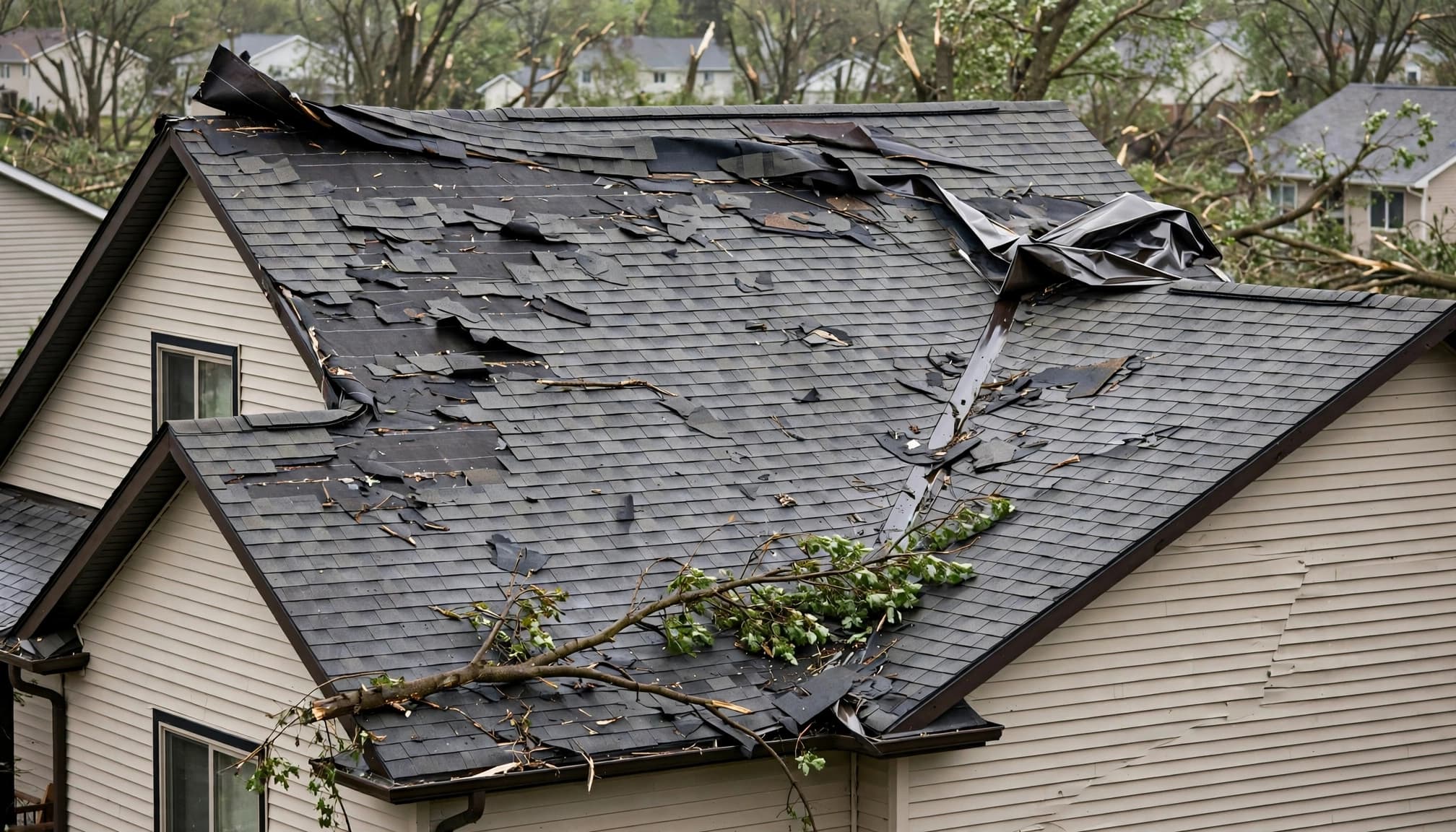 What Does Tornado Roof Damage Look Like in Minnesota? Minnesota home roof with missing shingles, exposed underlayment, and storm debris.