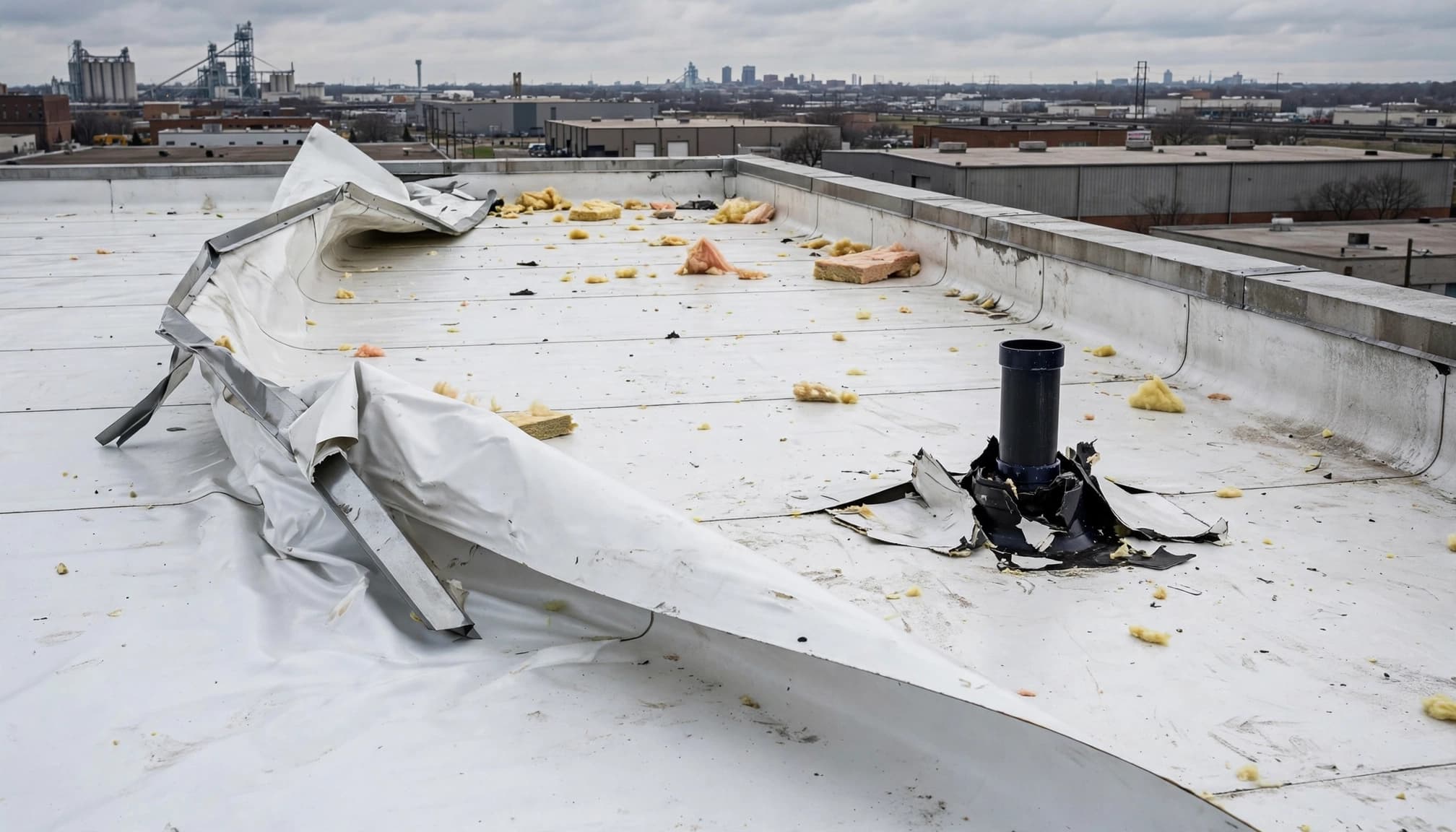 What Does Tornado Roof Damage Look Like in Minnesota? Damaged TPO roofing with lifted flashing and scattered insulation on a warehouse roof.