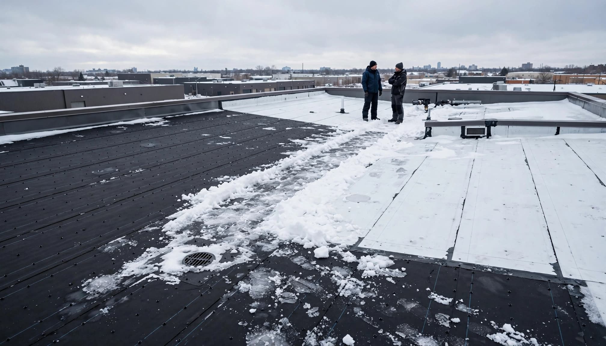 Two roof inspectors stand on a snowy commercial roof with visible seams, drains, and flashing.