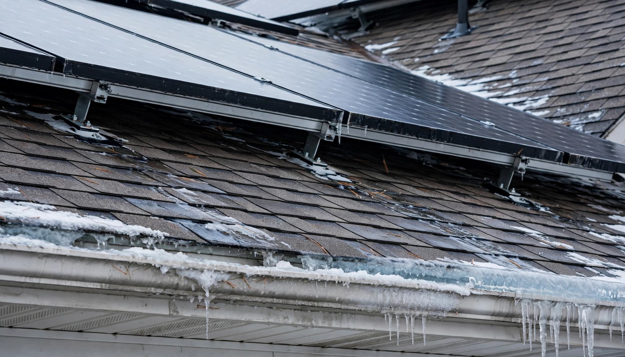 Can Winter Ice Damage Roof Membranes Beneath Solar Panels? Solar panels sit above an ice dam on a snowy shingle roof.