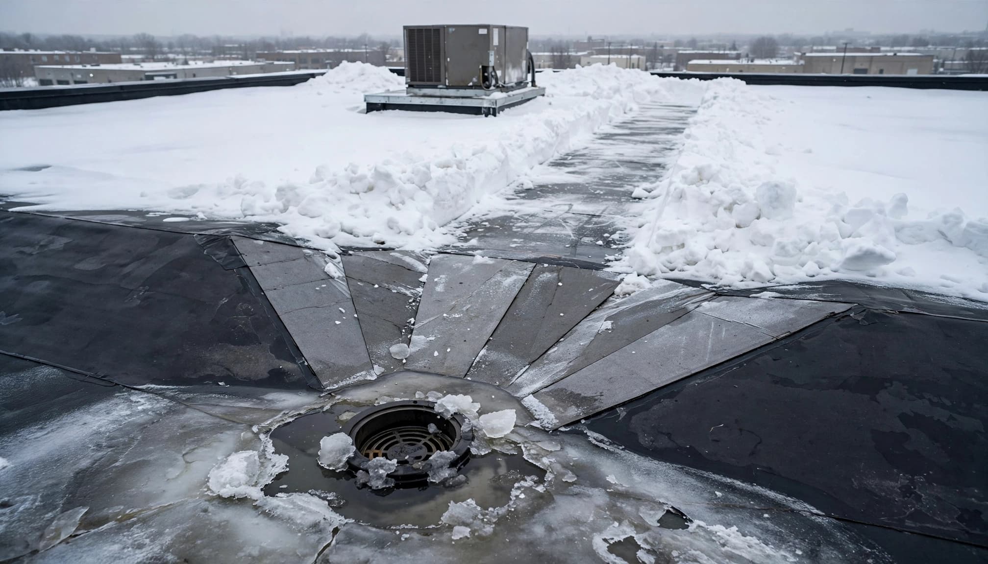 Snowy commercial roof with a drain, EPDM membrane, and one raised HVAC curb.