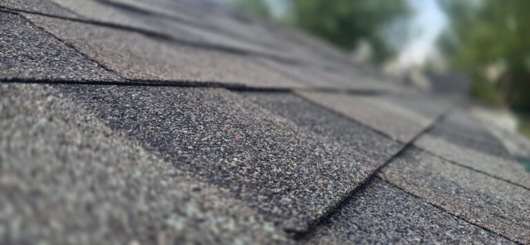 Asphalt shingle detail Close-up of gray asphalt shingles showing overlapping edges and the granular surface.