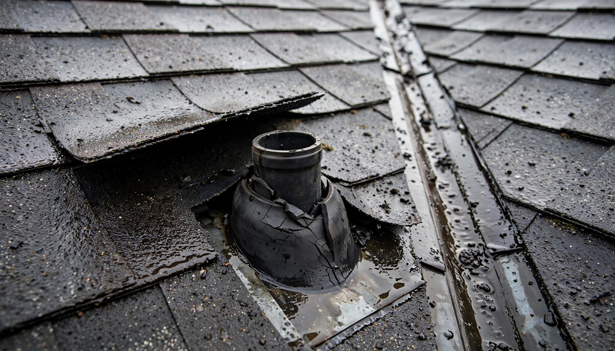 Illustrative Minnesota roof tear-off rain inspection showing a cracked pipe boot and nearby valley.