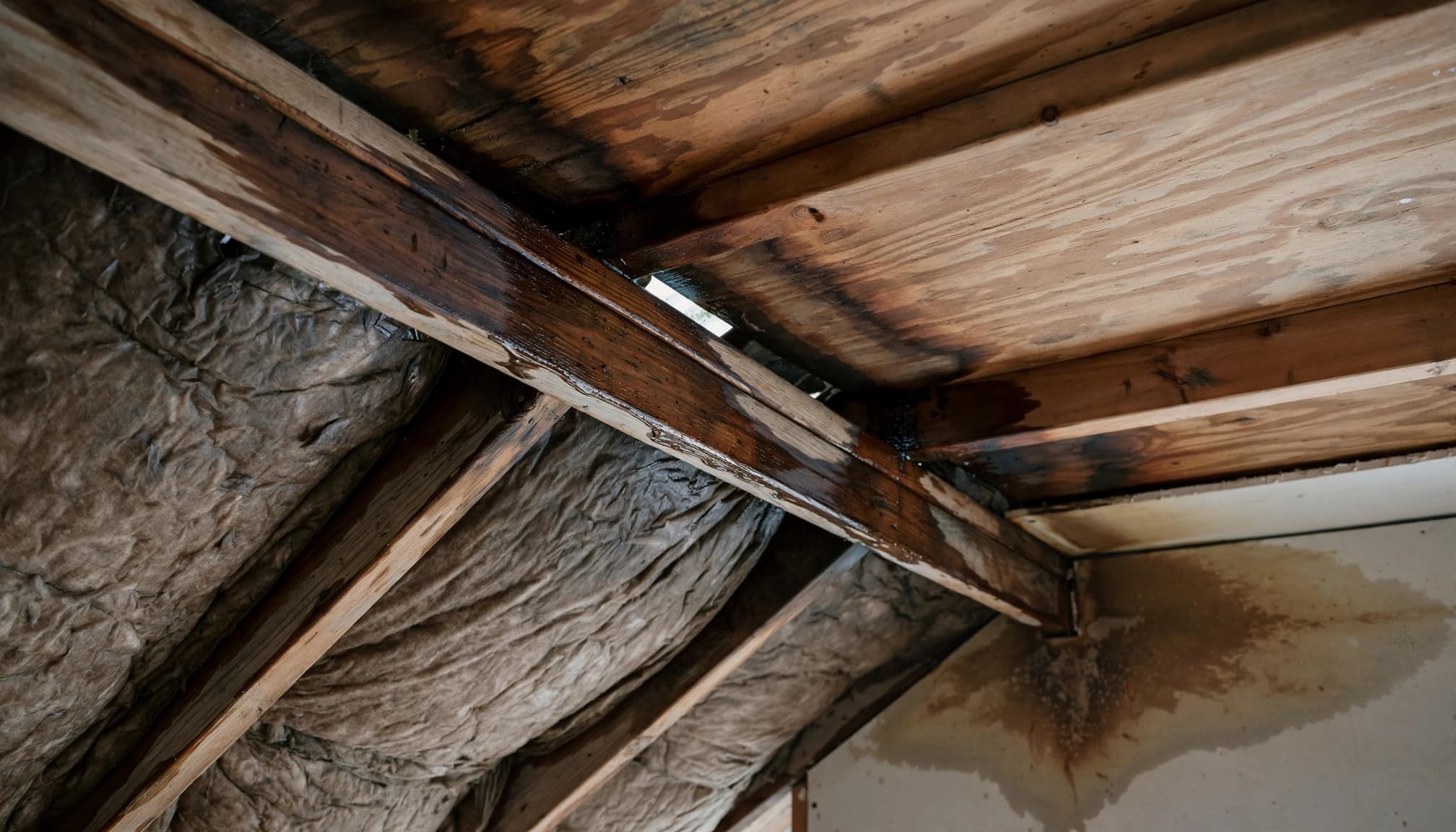 Why Does a Roof Leak Return After Repair in St. Paul? Attic water tracks and damp insulation during investigation of a recurring roof leak in Saint Paul.