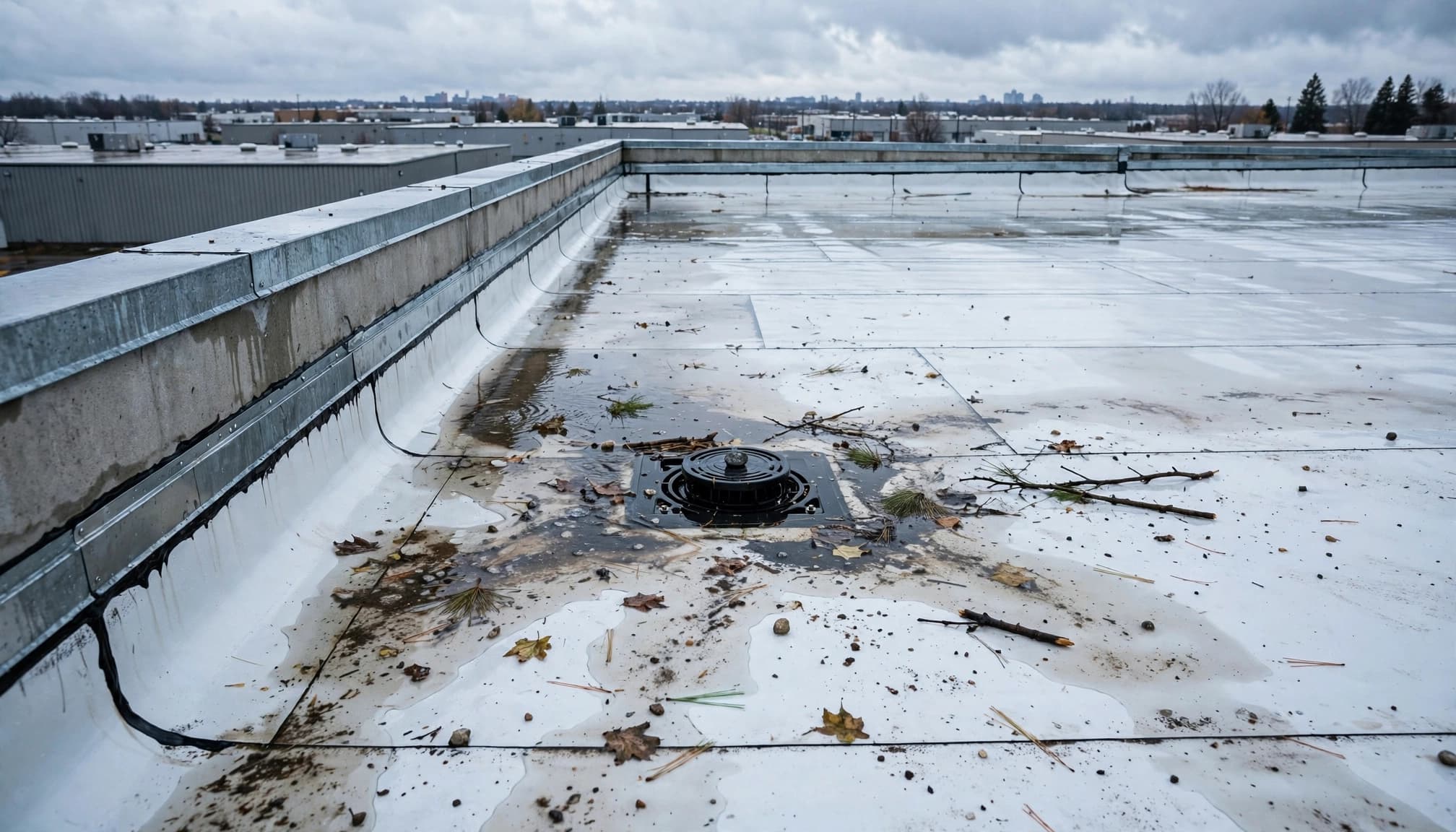 A commercial flat roof with standing water and debris around a drain under an overcast sky.