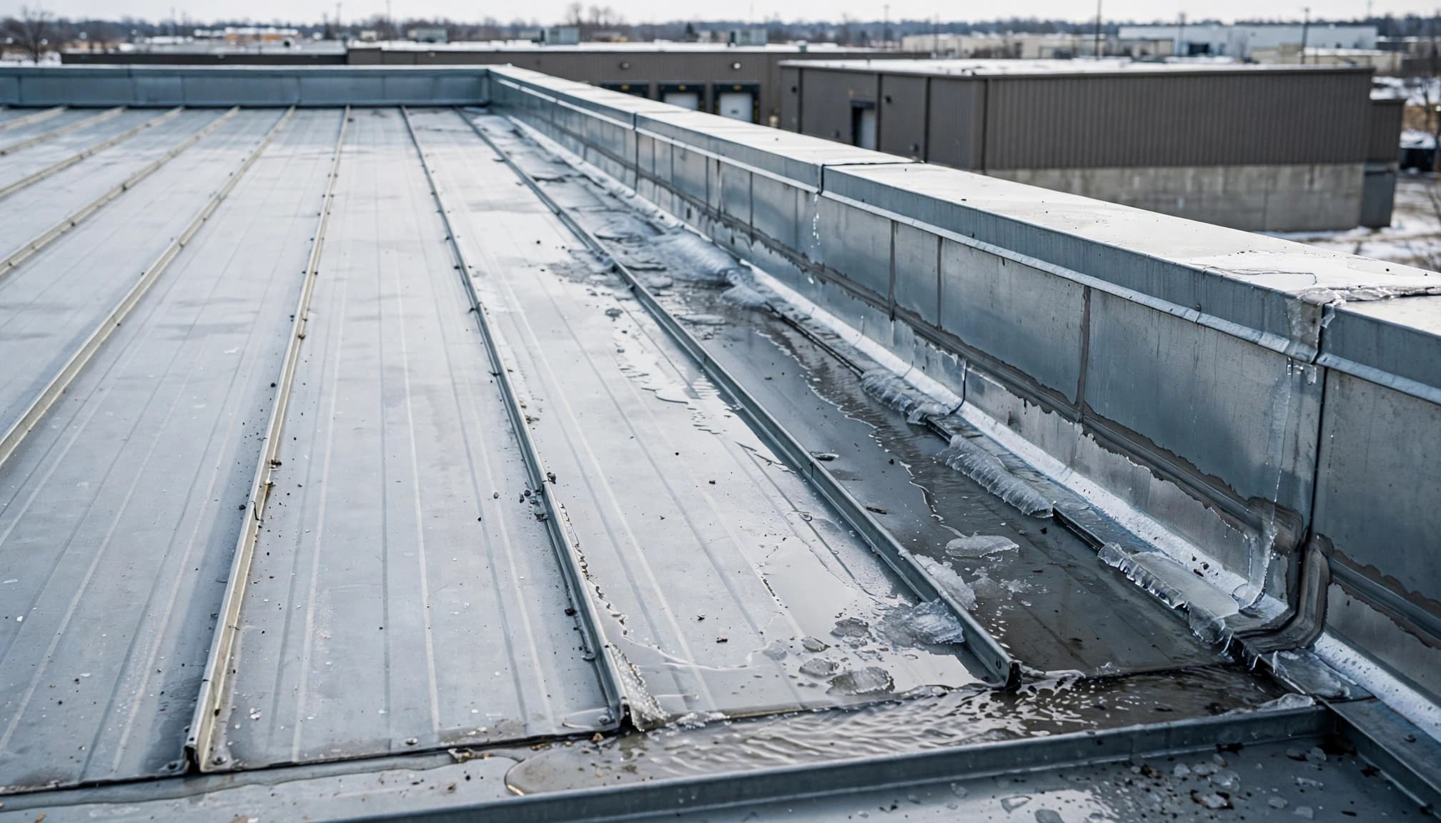 Can Freeze-Thaw Cycles Loosen Standing-Seam Roof Clips in Minnesota? Metal roof panels meet a flashed parapet beside meltwater and a small ridge of ice.