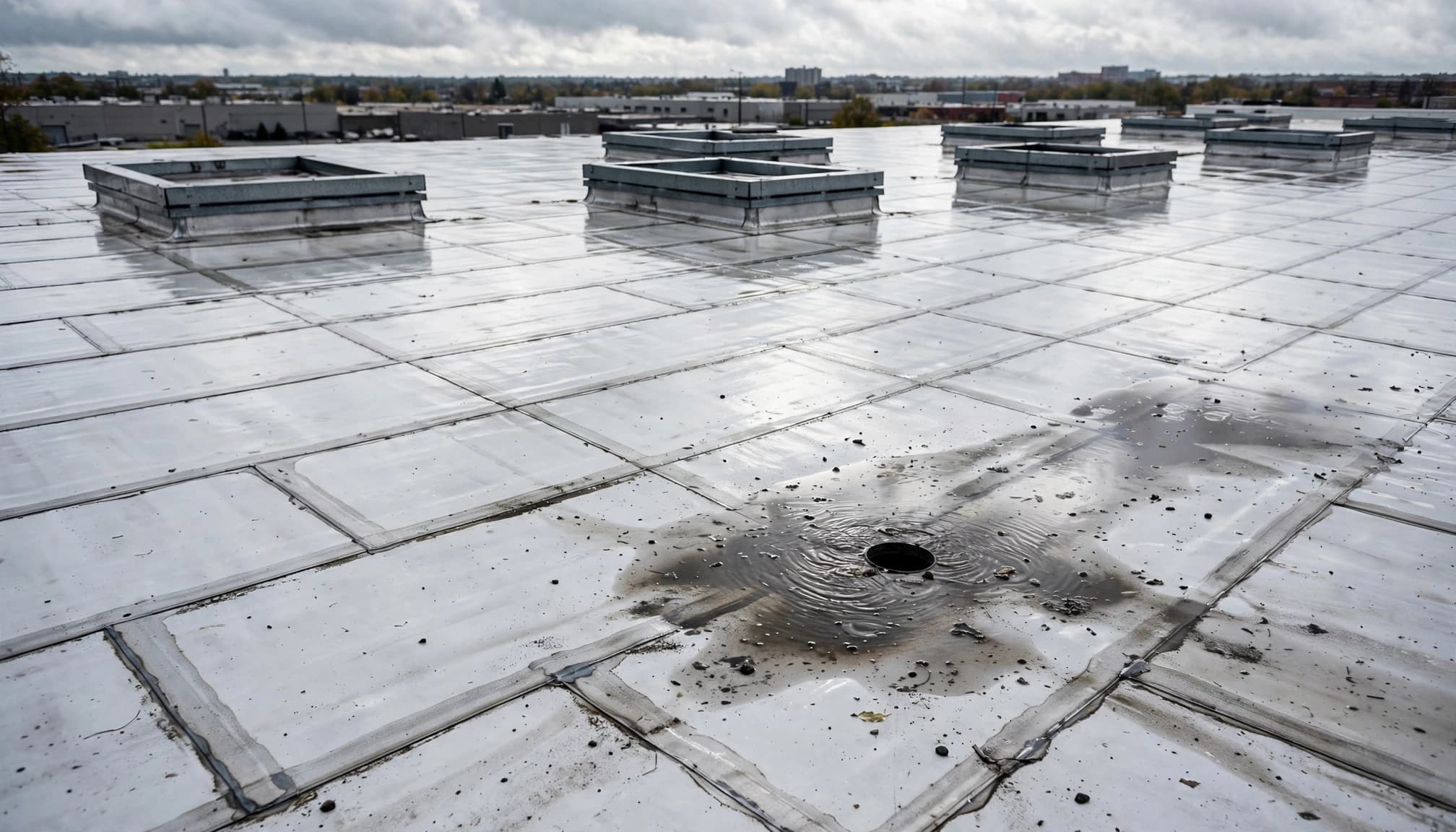 Illustrative Twin Cities commercial roof tear-off rain concerns showing membrane seams and standing water near a drain.