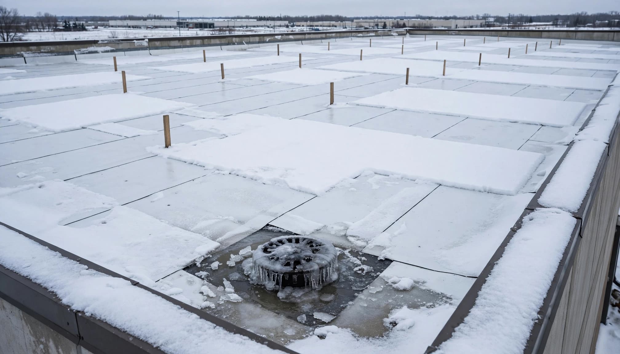 Does Minnesota Home Insurance Cover Snow Roof Collapse? A snowy warehouse roof with TPO membrane, parapet edges, and a visible roof drain.