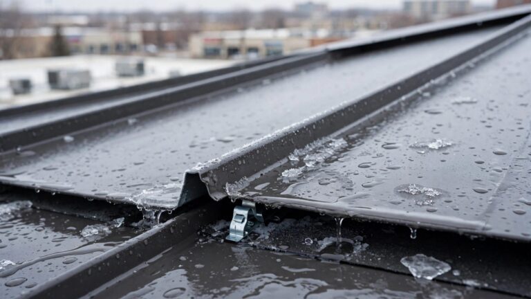 A metal roof with raised seams, melting frost, and an exposed clip.