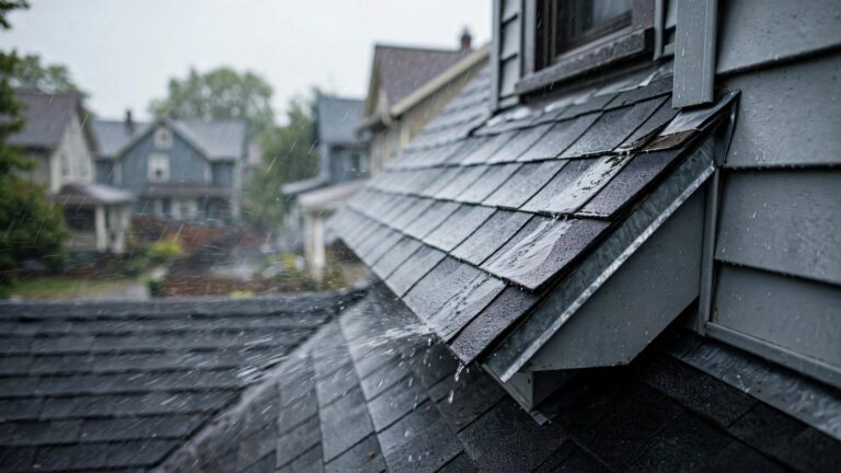 Rain blows toward a small gap beside dormer roof flashing.