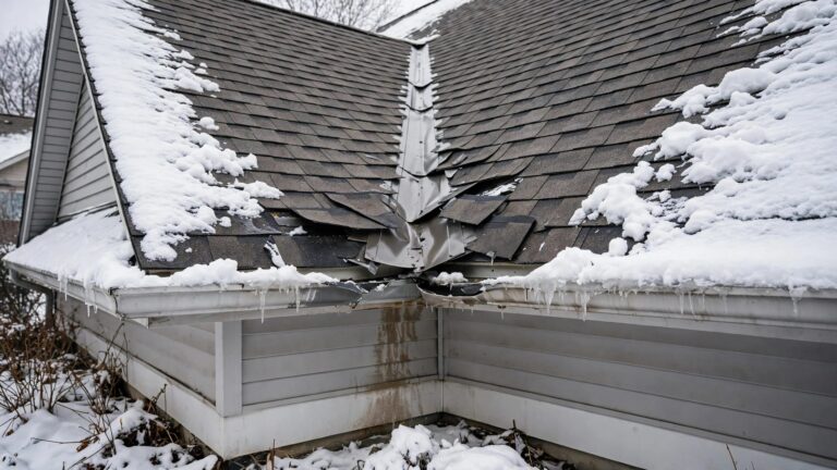 Bent valley flashing and lifted shingles sit beneath snow on a home's roof.