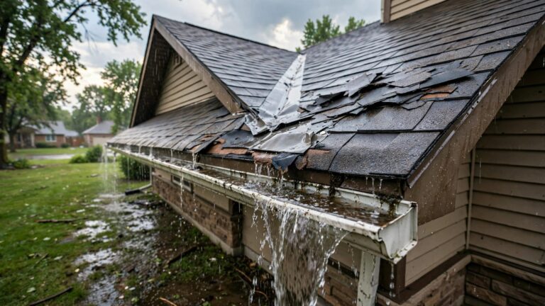 A wet home roof with missing shingles, dented flashing, and overflowing gutters.