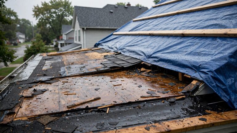Wet roof decking beside a secured waterproof covering on a Minnesota home.