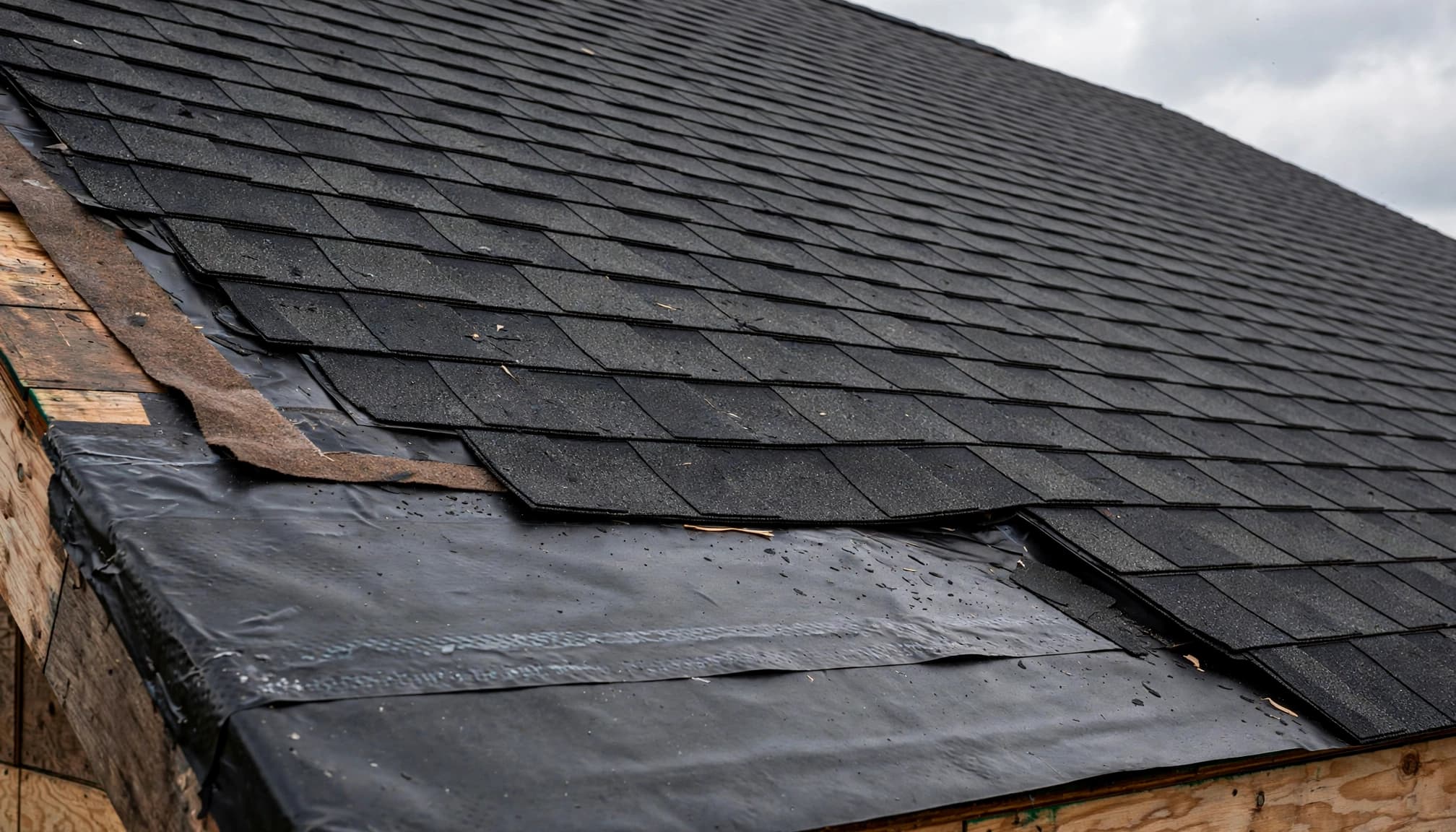 Asphalt shingle roof pitch and membrane underlayment detail on a Minnesota roof.