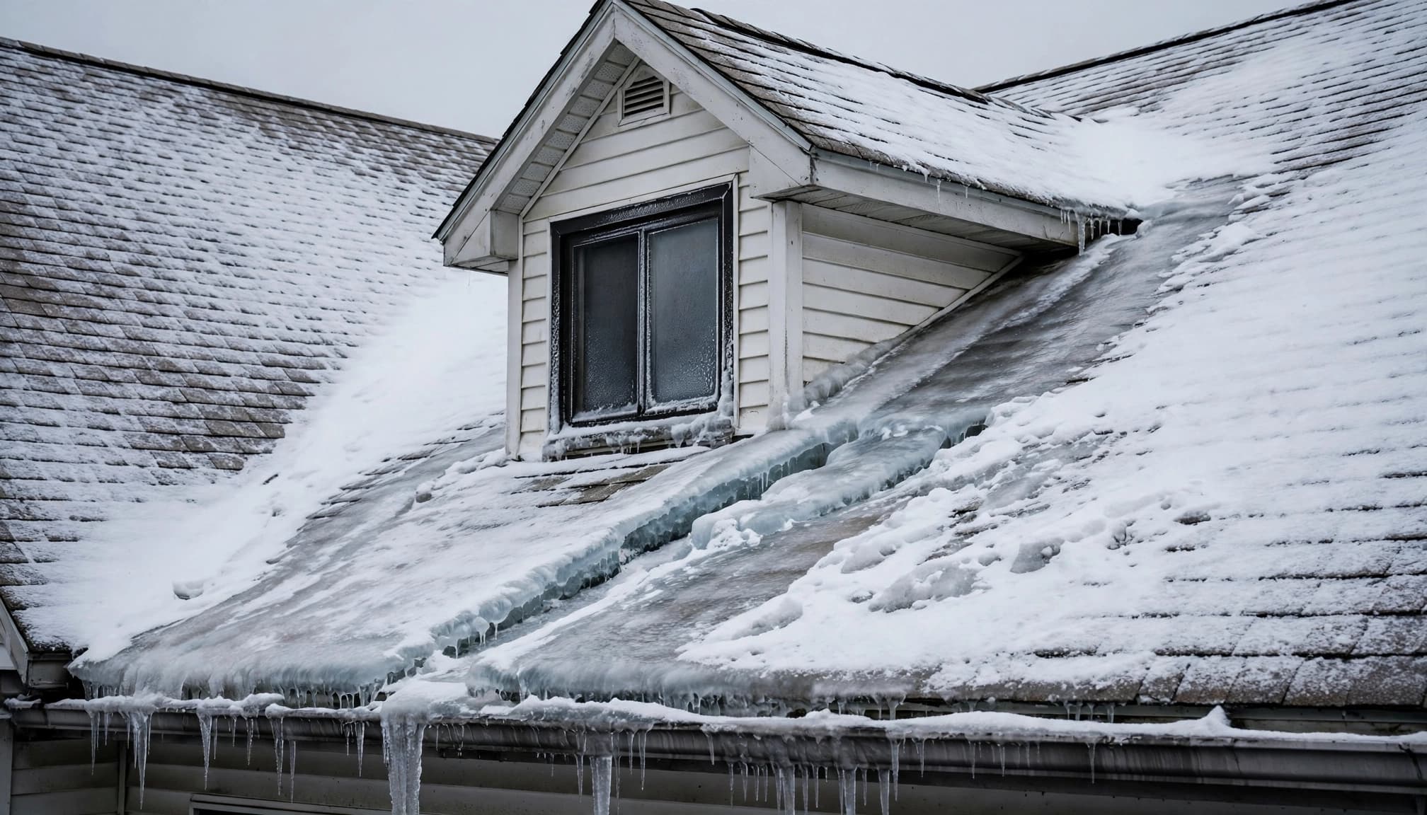 Can Ice Dams Form Around Dormers on St. Paul Homes? Ice dams around dormers on a snow-covered Saint Paul-style residential roof.