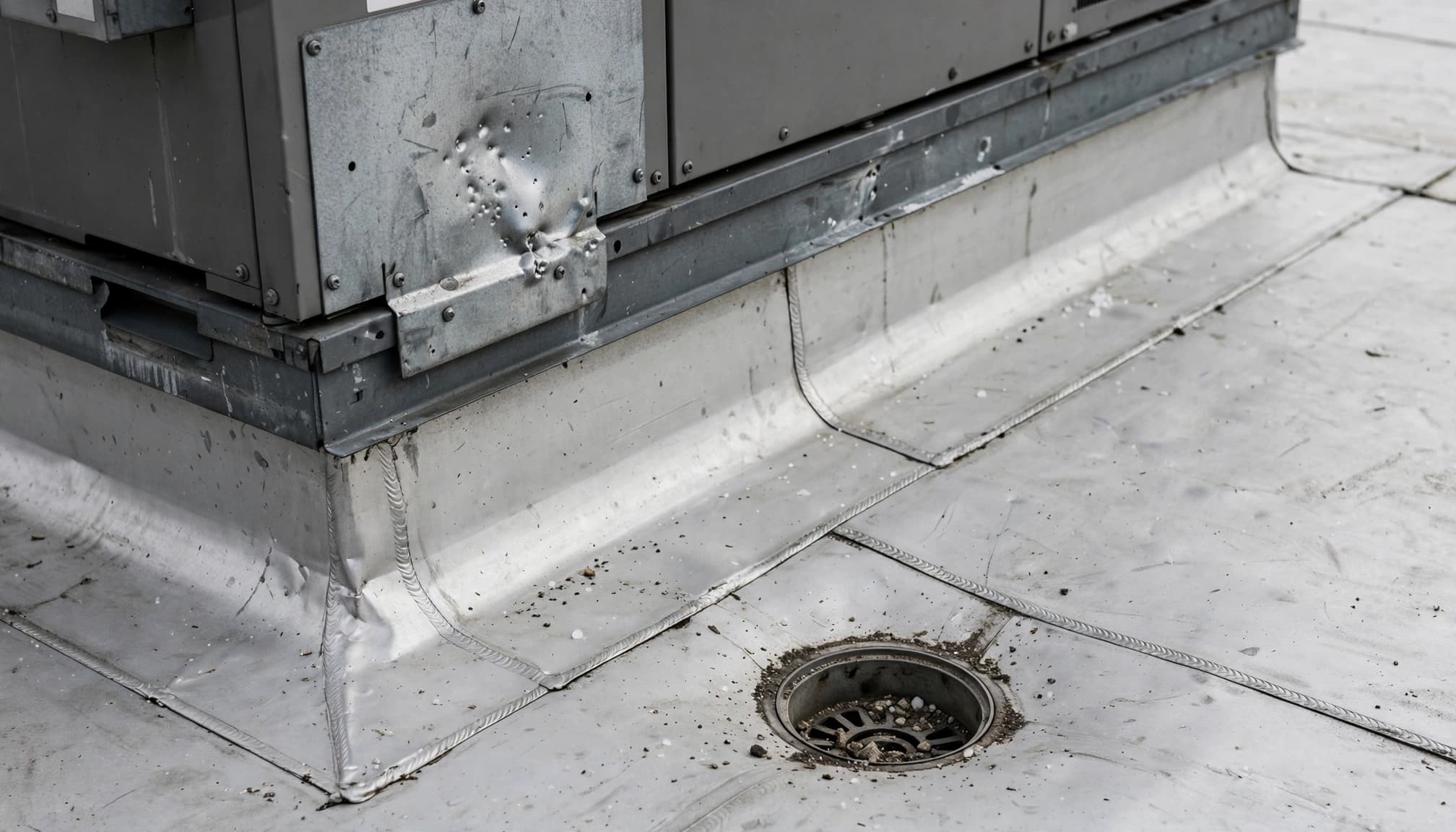 A rooftop HVAC unit, roof drain, membrane seams, and a small dent on a metal panel.