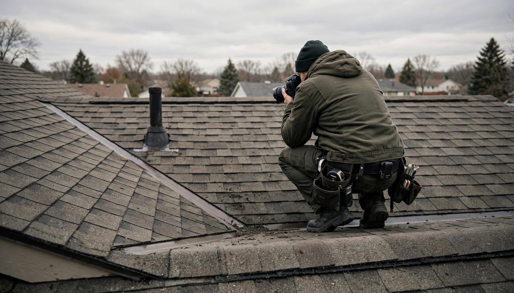 Why Do Asphalt Shingles Crack at Vents in Minnesota? An inspector documenting Minnesota asphalt shingles cracking near roof penetrations.