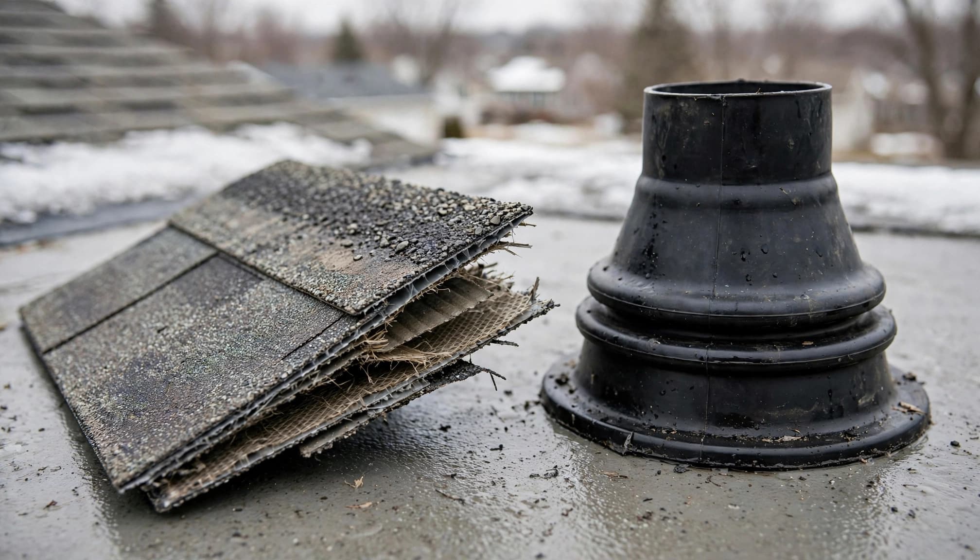 Why Do Asphalt Shingles Crack at Vents in Minnesota? A shingle sample and vent boot used to assess asphalt shingles cracking on a Minnesota roof.