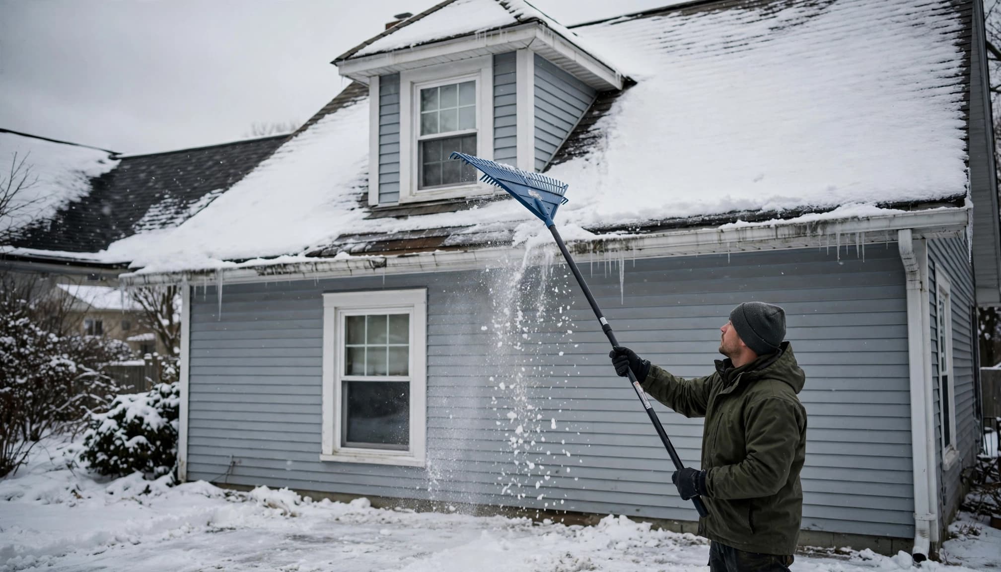 Can Ice Dams Form Around Dormers on St. Paul Homes? Ground-based snow removal near ice dams around dormers on a Minnesota home.