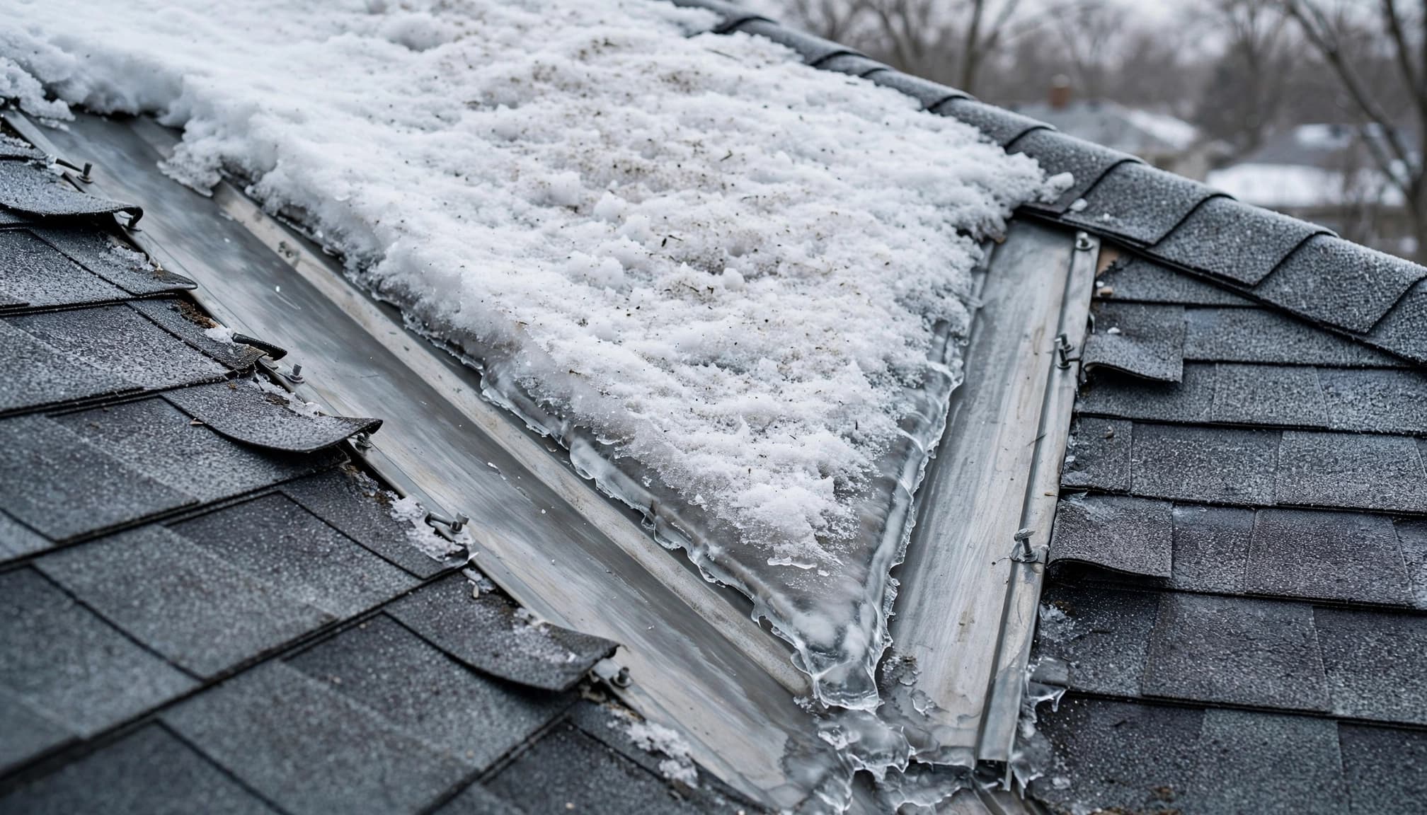 How Do You Check Roof Valley Metal for Ice Damage? A close view of a roof valley with snow, ice, and metal flashing.