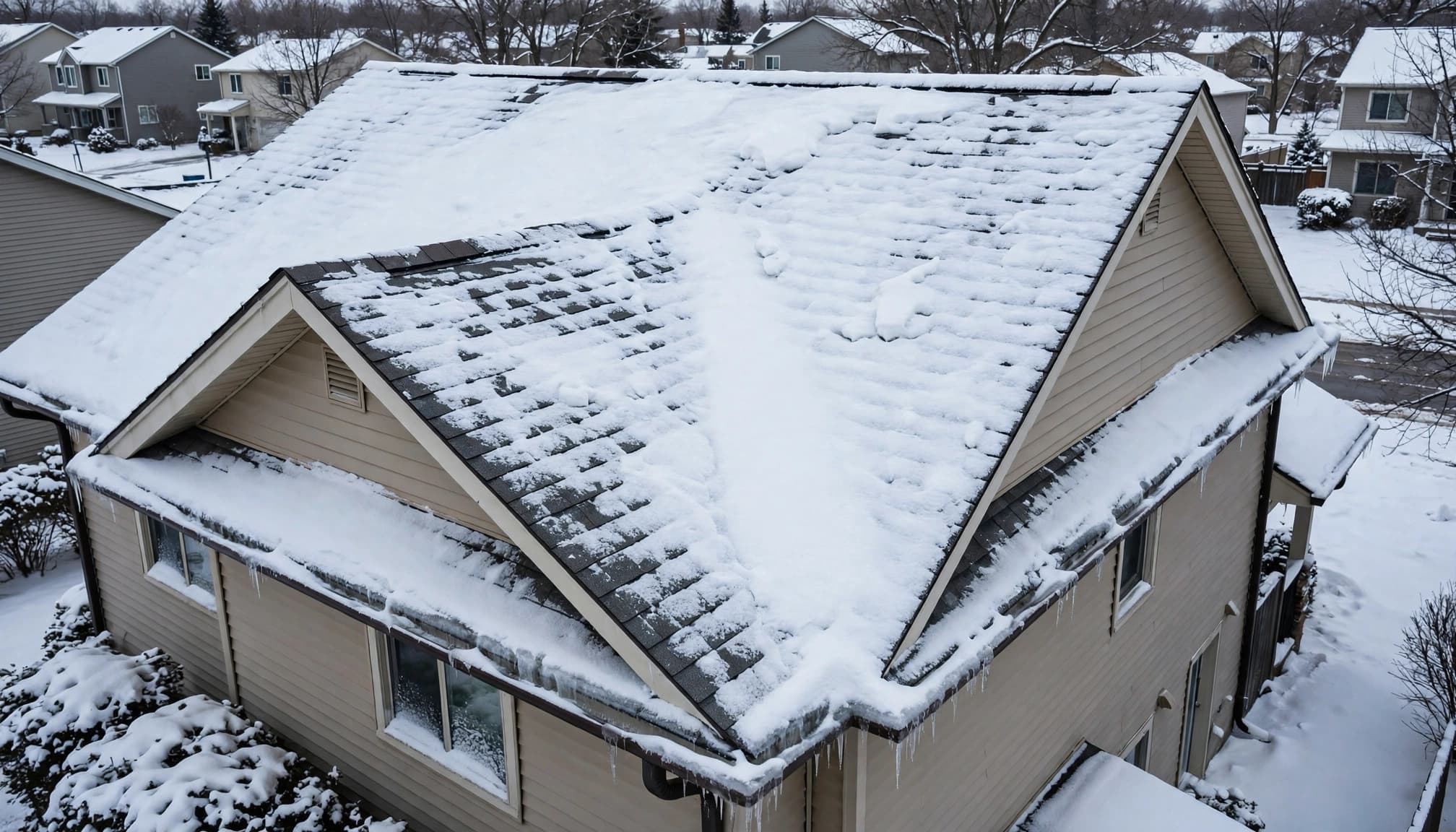 Does Minnesota Home Insurance Cover Snow Roof Collapse? Snow blankets the intact asphalt shingles of a Minnesota home's gabled roof.