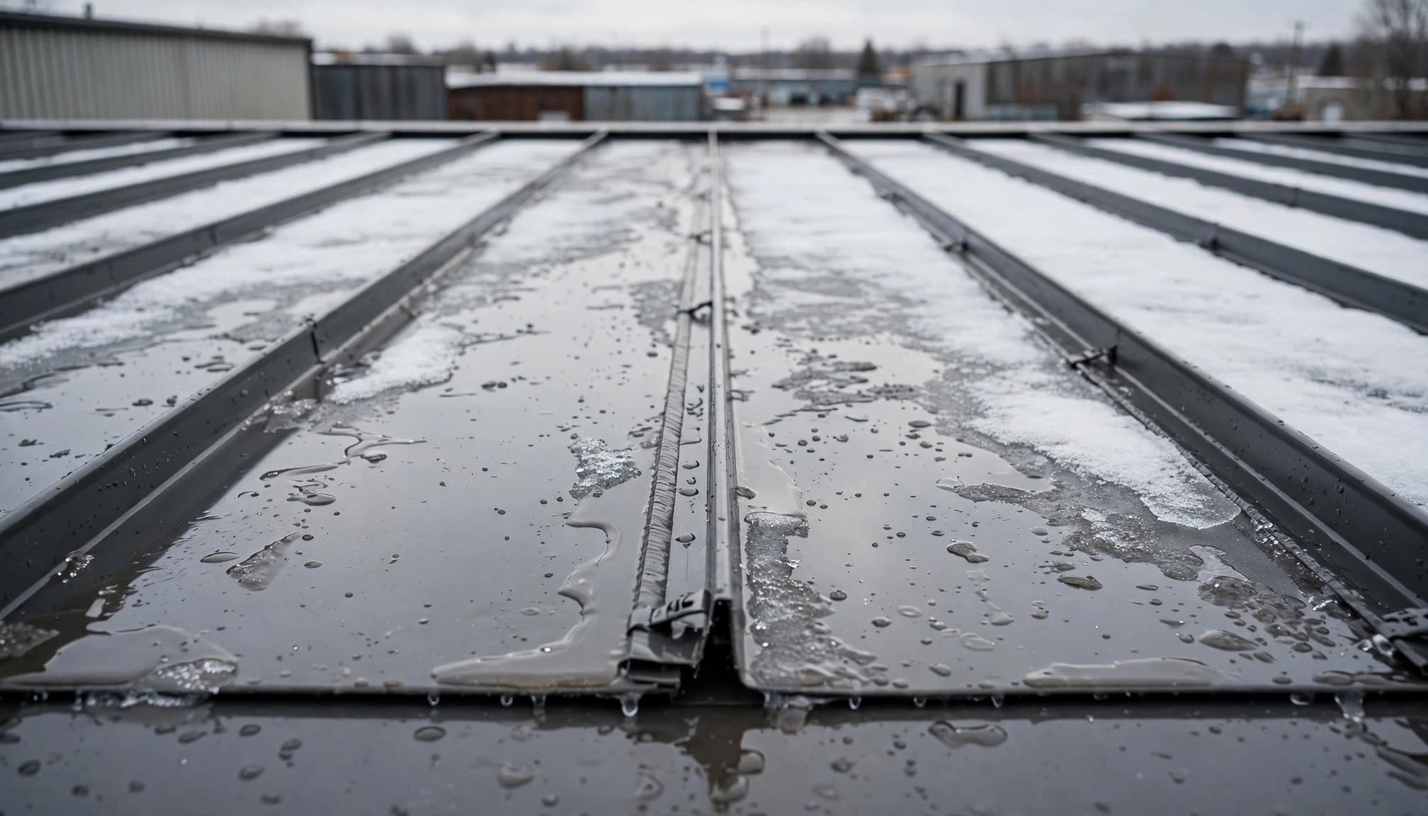 Can Freeze-Thaw Cycles Loosen Standing-Seam Roof Clips in Minnesota? Raised metal roof seams with thin snow and thawed water near a distant warehouse.