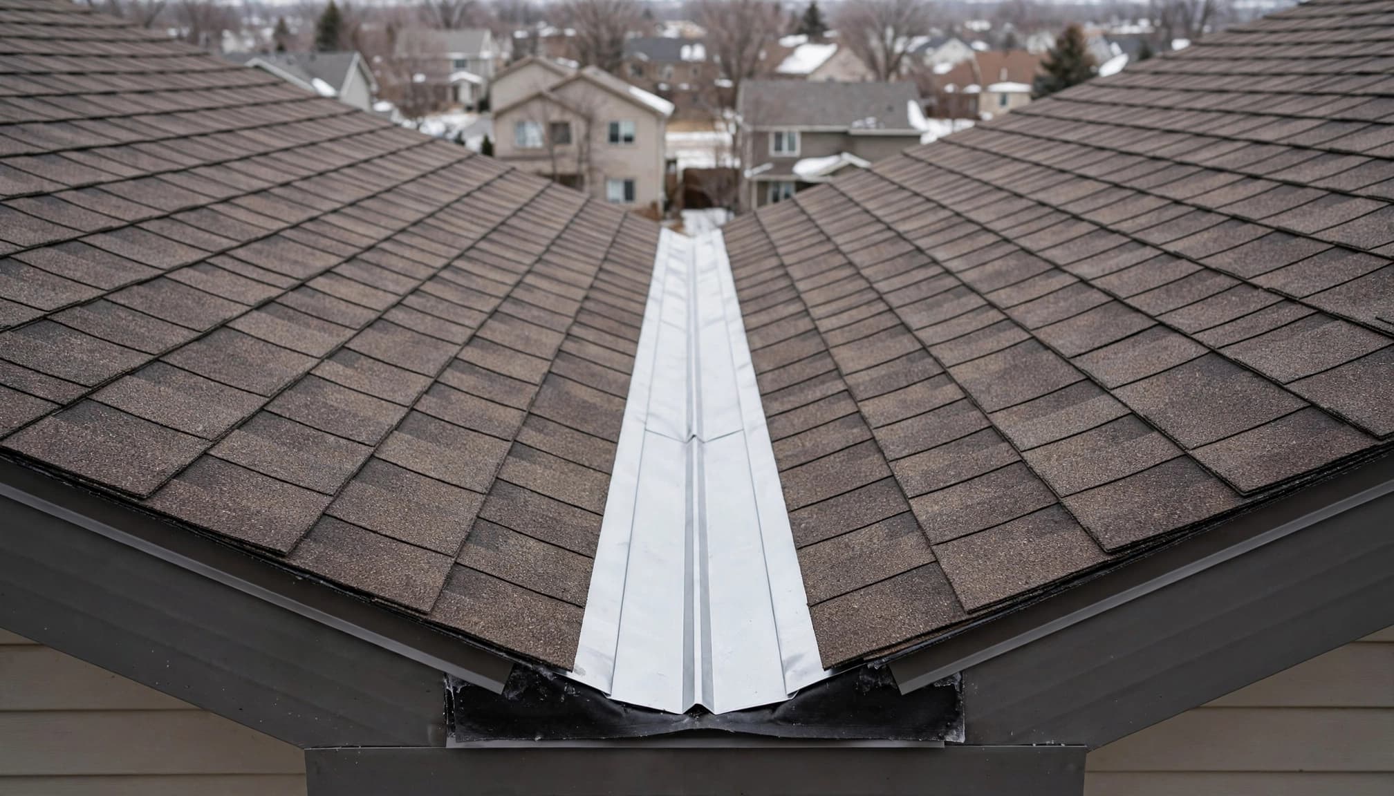 How Do You Check Roof Valley Metal for Ice Damage? A clean residential roof valley with metal flashing and shingles overlooking a suburban neighborhood.