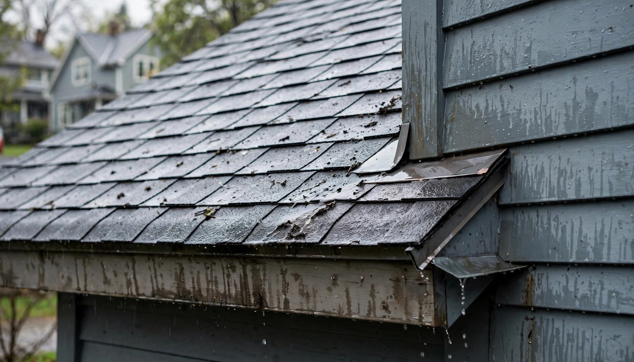 Can Wind-Driven Rain Enter Through Roof-to-Wall Flashing in St. Paul? Wet shingles meet painted siding at a roof edge with visible flashing and a kick-out diverter.