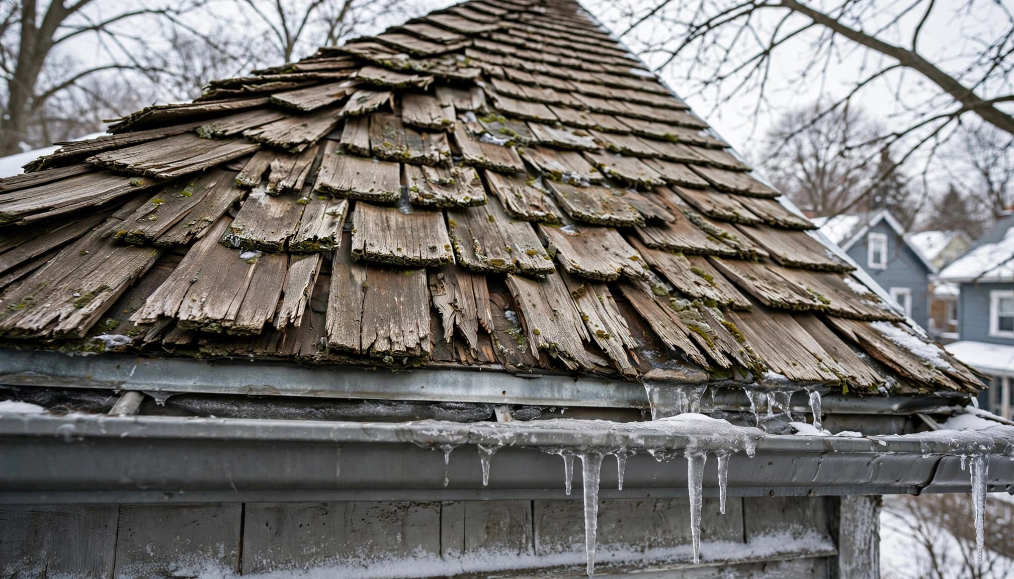 Weathered cedar shingles and a gutter with a small patch of ice.