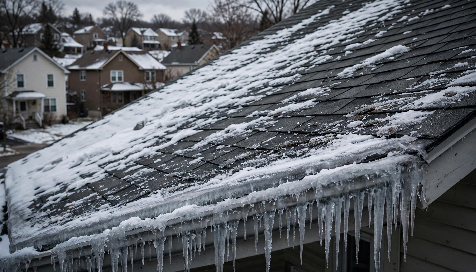 Why Do North-Facing Roofs in St. Paul Develop Ice Dams? Icicles and a narrow ice dam line the edge of a shaded, snowy roof.
