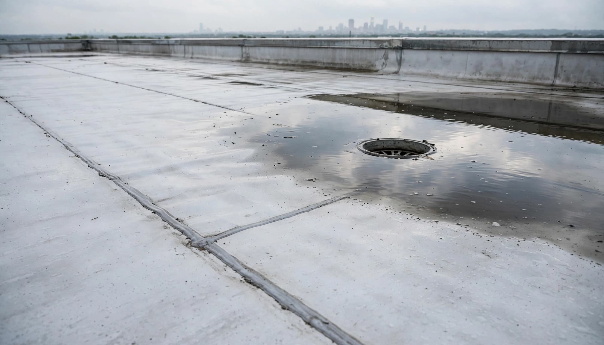 Why Does a Minnesota Roof Leak Only in Short, Heavy Rain? Minnesota commercial roof leak during heavy rain with standing water around a TPO roof drain.