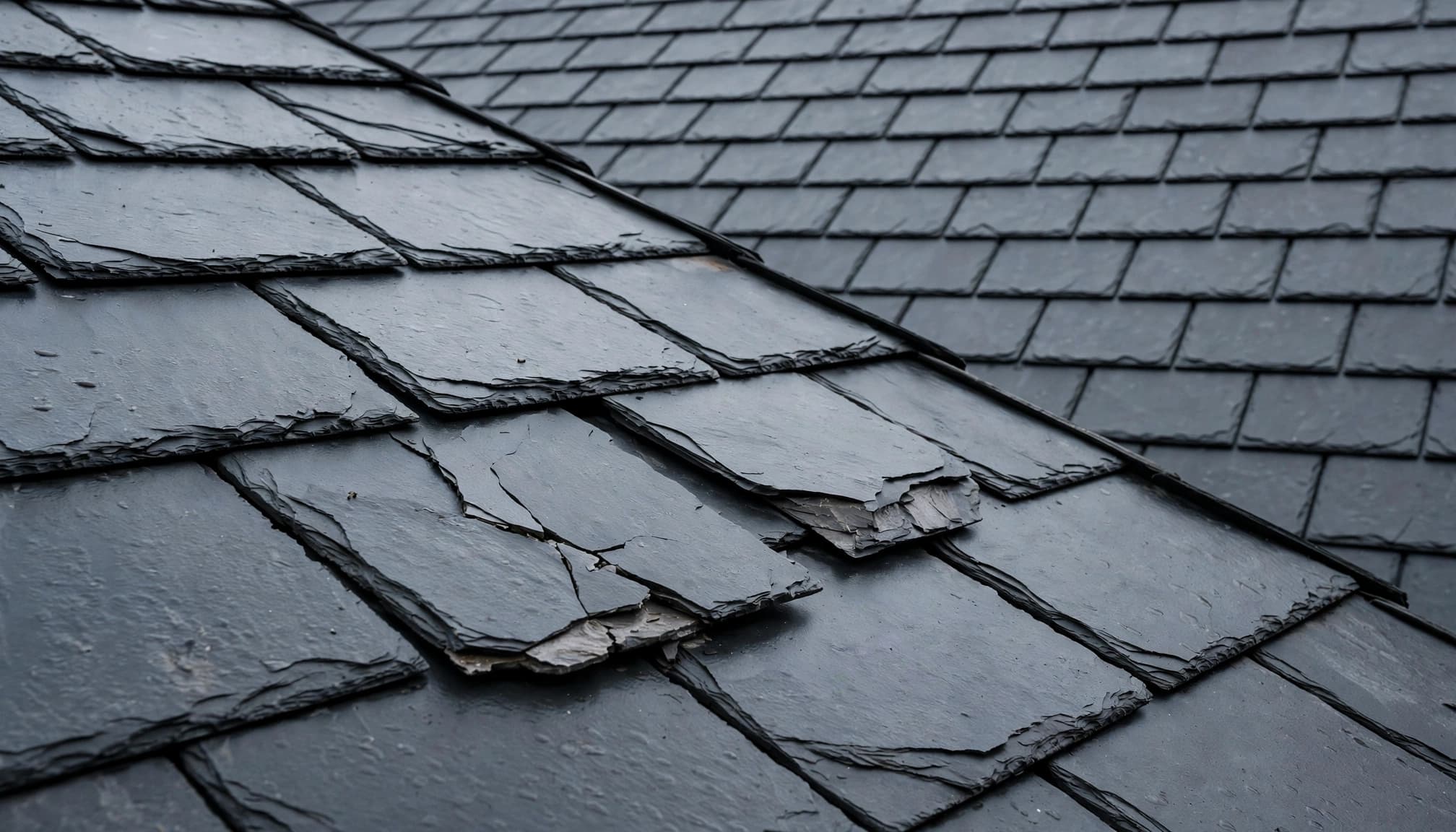 Can Hail Chip Natural Slate Roof Tiles in the Twin Cities? Close-up of dark slate roof tiles showing cracked and chipped surfaces.